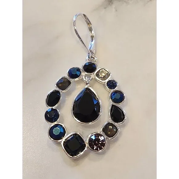 Napier Silver-Tone Drop Earrings With Black & Multi-Color Stones - Picture 4 of 5